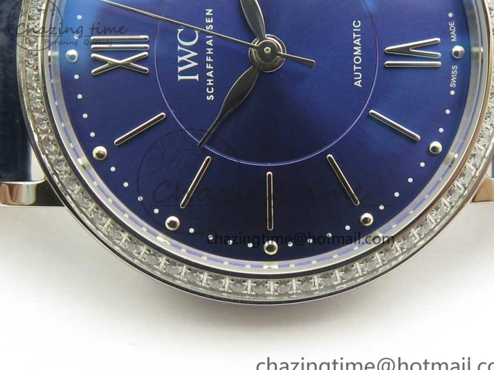 MIROTIME 1224 Fashionable Portofino IW458101 Diamond Bezel SS MK 1:1 Best Edition Blue Dial On Blue Leather Strap MIYOTA 7169